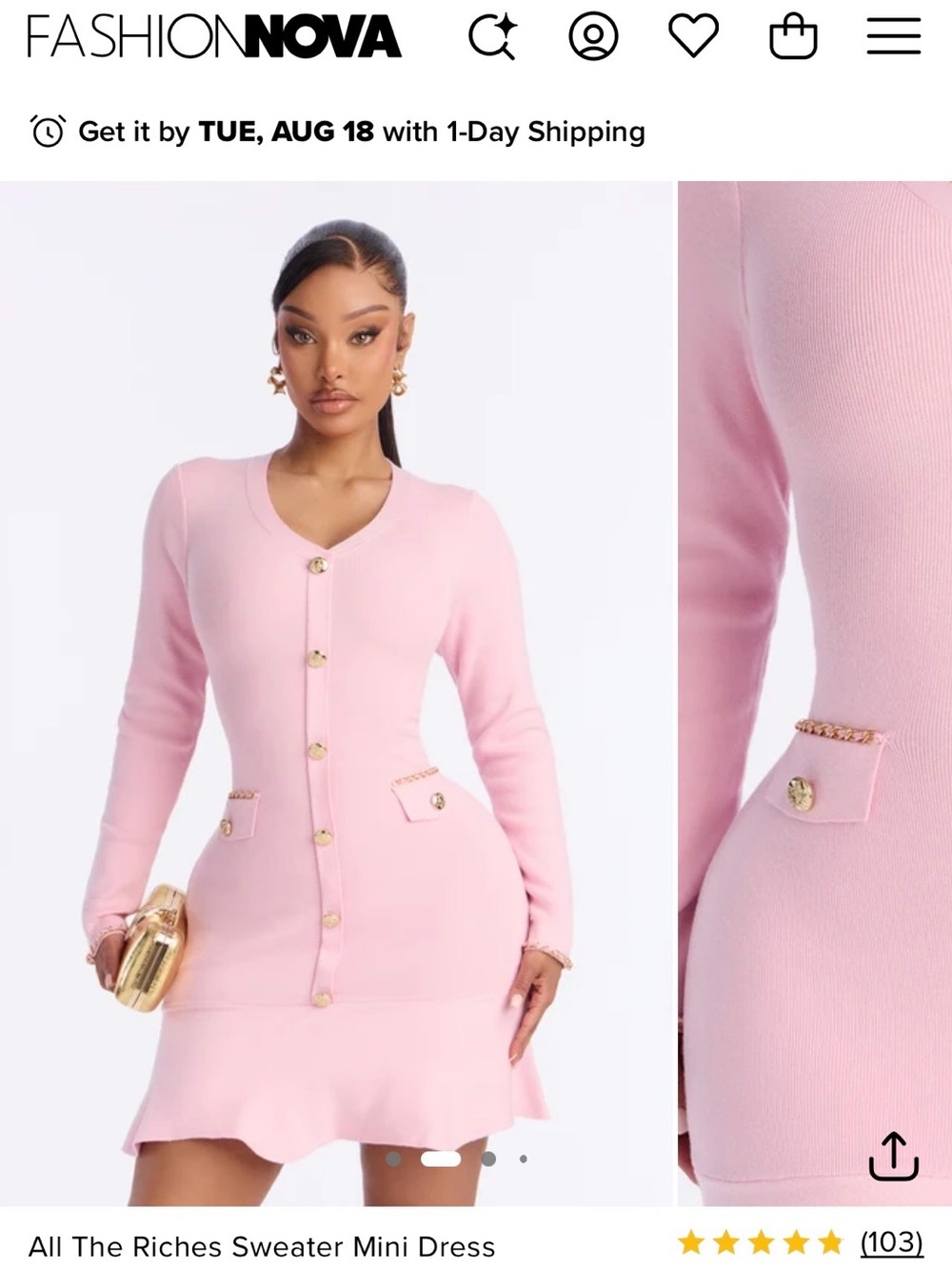 NWT Fashion Nova Pink Gold-Button Sweater Mini Dress